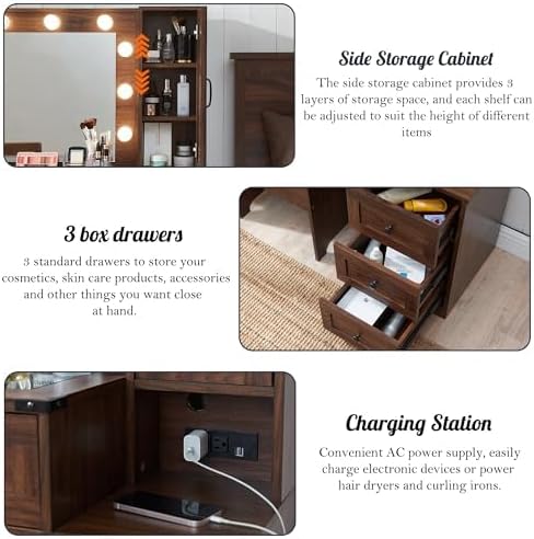 Farmhouse Vanity Desk with Mirror and Lights, 43" Wide Makeup Vanity with Glass Tabletop and Charging Station, Modern Vanity Table Set with Storage and Stool for Bedroom, Brown
