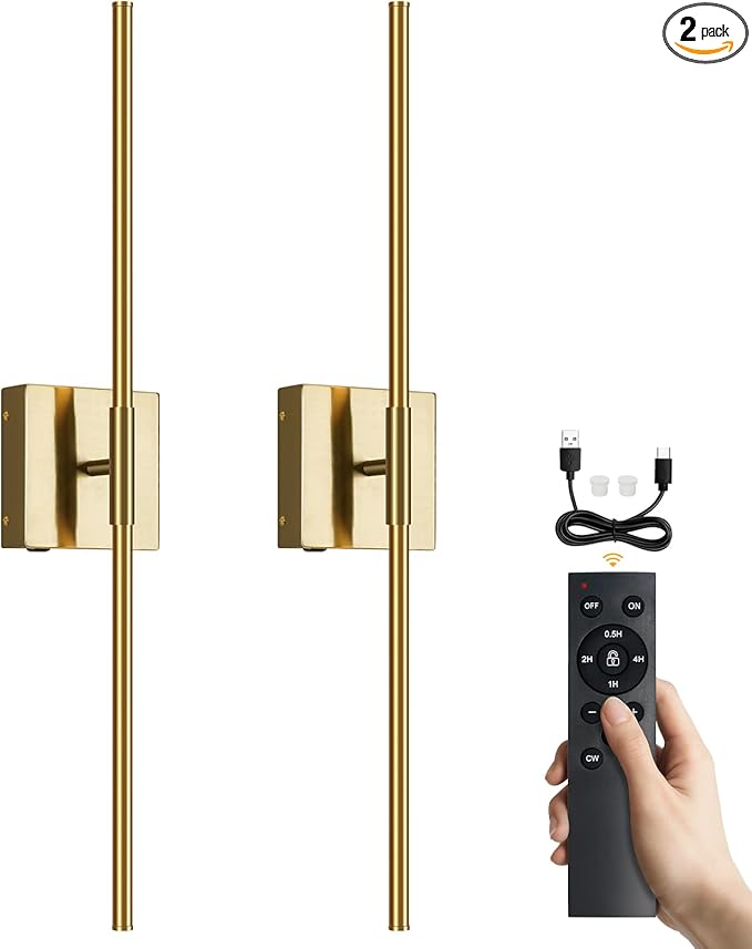 Battery Operated Wall Sconces Set of 2, Battery Wall Sconce with Remote Control, 350°Rotate, LED Rechargeable Sconces,3000K-6000K Wireless Wall Light for Bedroom, Living Room, Hallway(Gold,24Inch)
