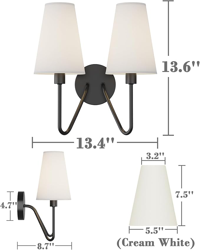 Electro bp;Double Head Classic 2 Lights Wall Sconces Lighting Fixture Black with Cream White Linen Fabric Lamp Shades E12 80W Hardwired;