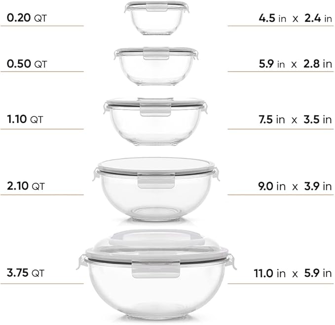 JoyJolt Kitchen Mixing Bowls. 5pc Glass Bowls with Lids Set – Neat Nesting Bowls. Large Mixing Bowl Set incl Batter Bowl, Cooking Bowls, Storage Bowls with Lids and Big Salad Bowl with BPA-Free Lids