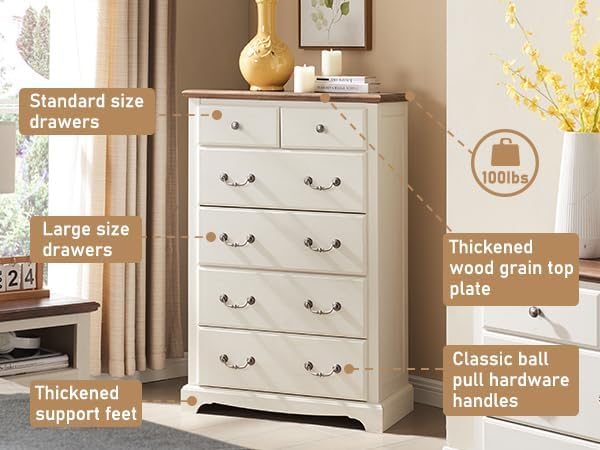 RedLemon 48" Tall Dresser for Bedroom, Modern 6 Drawers Dresser with Vintage Styles Pulls, Wood Rustic Closet Chest of Drawers for Living Room, Hallway, Antique White