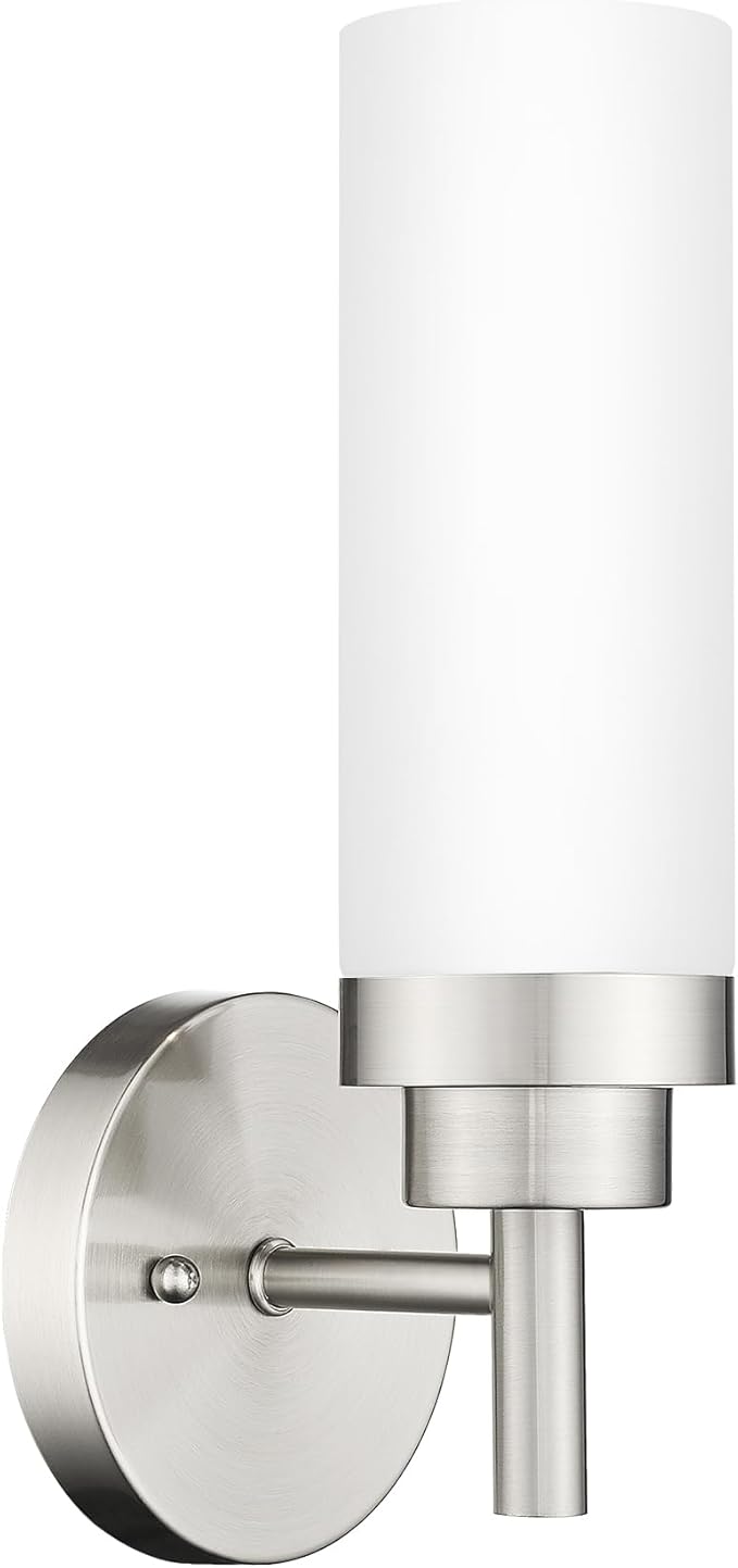 Emak Modern Brushed Nickel Sconces, Bathroom Vanity Light with Milk Glass Shade, Wall Sconce for Bathroom, Bedroom, Living Room, Hallway, WS085-BN-ML