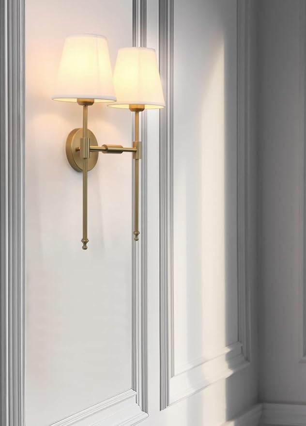PERMO Classic Rustic Double Sconce 2-Lights Wall Sconce Lighting Fixture with Flared White Textile Lamp Shade and Antique Brass Finished Long Arm,Wall Sconce Light Fixture for Bathroom Bedroom