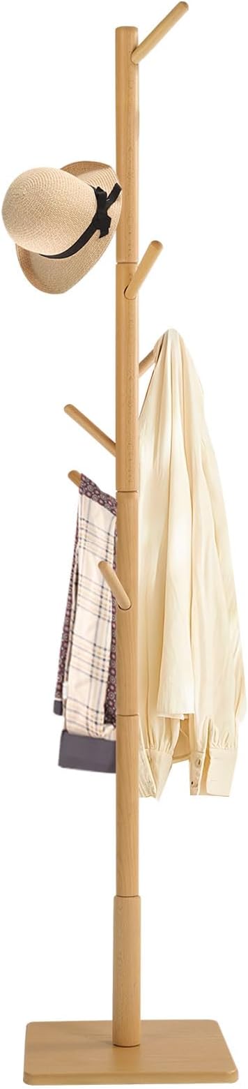 Coat Rack Freestanding with Stable Square Base for Cloathes, Hat, Used in Bedroom, Office and Entryway, Sturdy and Easy Assembly Coat Tree with 3 Adjustable Sizes and 8 Hooks, Natural