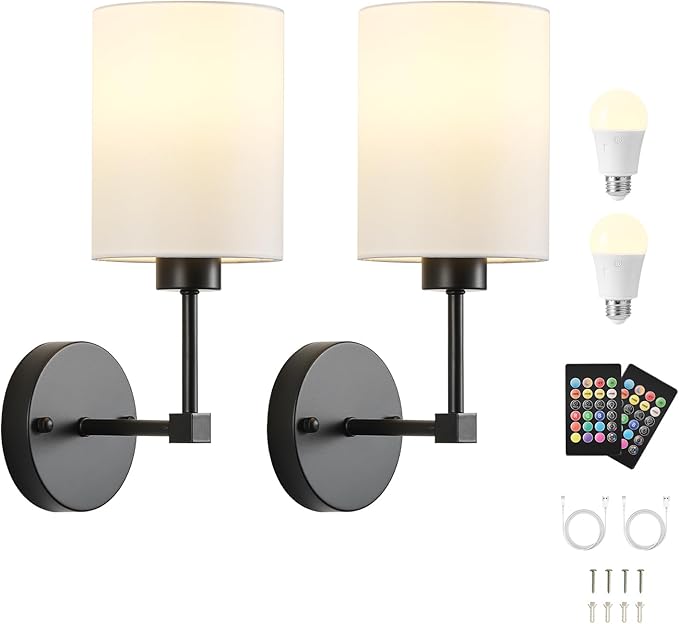Battery Operated Wall Sconce Set of Two,Wireless Rechargeable Wall Light With Remote Control, Dimmable, 1800K/3000K/4000K/6000K/RGB, Timer, for Living Room, Bedroom, Fireplace, TV, 13.5 Inch, Black