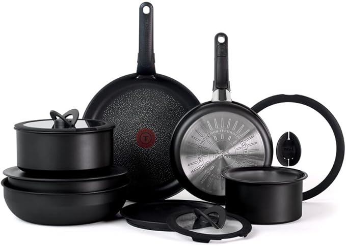 T-fal Ingenio Expertise Non Stick Cookware Set 14 Piece, Induction Oven Broiler Safe 500F, Detachable/Removable Handle, Kitchen, Pots and Pans, RV, Camping, Fry Pans, Saucepans, Dishwasher Safe Black
