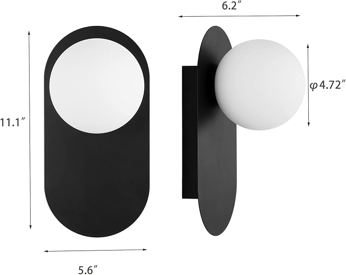 Modern Wall Sconce Set of 2 Matte Black Mid Century Bathroom Vanity Wall Light with White Globe Glass Shade Industrial Wall Lamp Pole Wall Mount Lighting Fixture