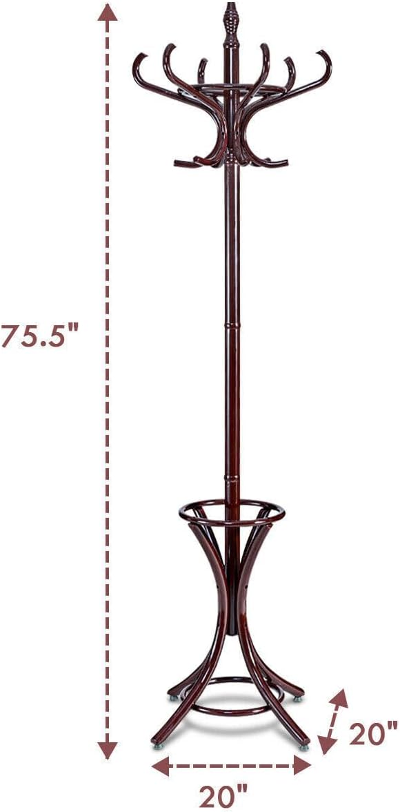 Tangkula 75.5" Standing Coat Rack, Wood Coat Tree with 12 Hooks, Home Hat Jacket Hanger Tree 12 with Umbrella Holder Coat Stand (Brown)