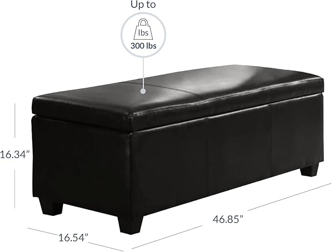 BELLEZE Storage Faux Leather Ottoman, 47 Inch Bench Bedroom Bench with Safety Close Hinge, Extra Long Ottoman with Storage for Living Room, Entryway, Hallway, Foot Rest, Support 300lbs - Black