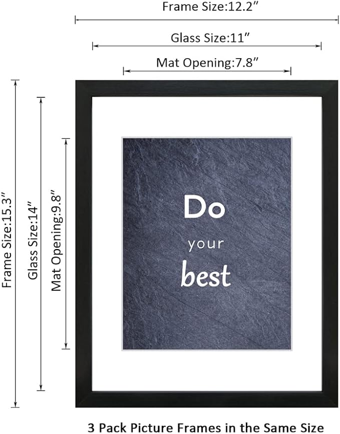 11x14 Picture Frame Set of 3 with Real Glass for Pictures 8x10 with Mat or 11x14 Without Mat, Wall Gallery or Tabletop display Photo Frames in Black