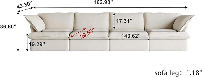 JACH Modular Sectional Couches for Living Room, Deep 4 Seats 162" Sectional Sofa, Cushion Covers Removable, Two Corners and Two Middle, Sofas Furniture for Living Room, Beige