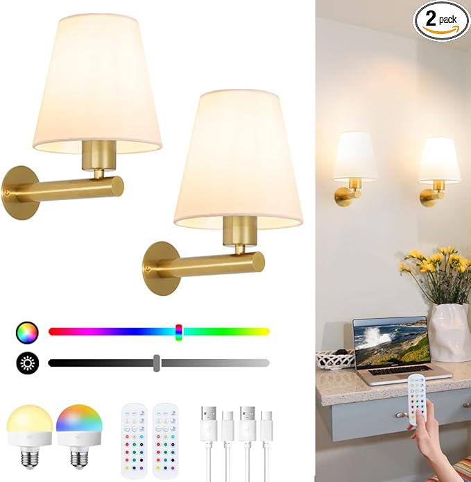 Battery Operated Wall Sconces Set of Two, Brass Gold Rechargeable Wireless Sconce Wall Lighting, Cordless Wall Mounted Lamp with USB Charging Bulb, Wall Light with Linen Fabric for Bedroom Living Room