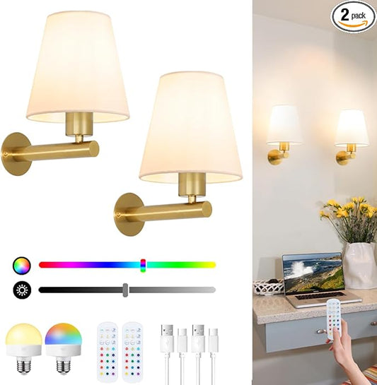 Battery Operated Wall Sconces Set of Two, Brass Gold Rechargeable Wireless Sconce Wall Lighting, Cordless Wall Mounted Lamp with USB Charging Bulb, Wall Light with Linen Fabric for Bedroom Living Room