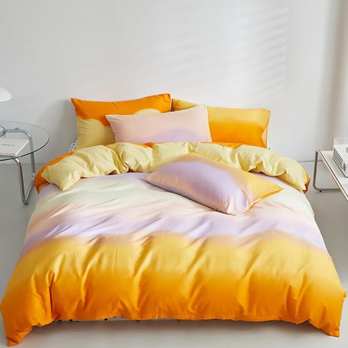CLOTHKNOW Orange Yellow Queen Comforter Set 3Pcs Purple Beige Bedding Comforter Sets Abstract Queen Comforter with 2 x Pillow Cases