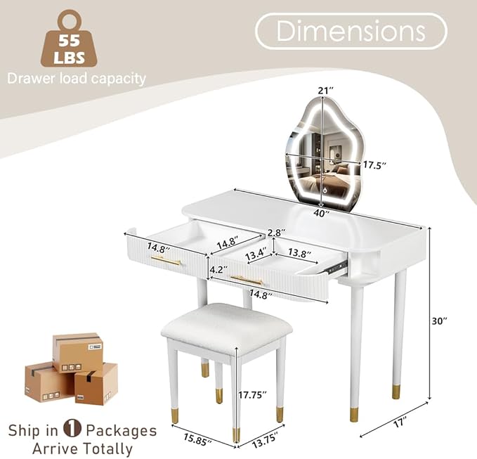 40" Modern Vanity Table Set with Mirror and Lights, Dressing Table and Cushioned Stool Set with 2 Large Drawers, Modern Makeup Table for Bedroom,Makeup Room