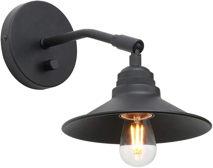 Yosoan Set of 2 Indoor Bedside Wall Sconce with On Off Switch, Hardwired Vanity Vintage Wall Mount Light Fixture, 340 Degree Angle with 7.1" Matte Black Shade Lamp for Reading Bedroom Sink(Black)