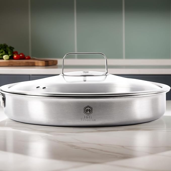 12 Inch Titanium Pan with Glass Lid - 0.5mm Pure Titanium + 1.4mm Aluminum Core | Coating-Free & PFOA-Free | Induction/Gas/Oven Safe to 500°F | Energy-Efficient Even Heating