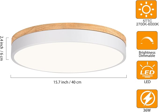 Dimmable Wood LED Flush Mount Ceiling Light, 5CCT 2700K-6000K Modern Round Close to Ceiling Lighting Fixtures, Minimalist White Ceiling Lamp for Living Room, Bedroom, Laundry Room
