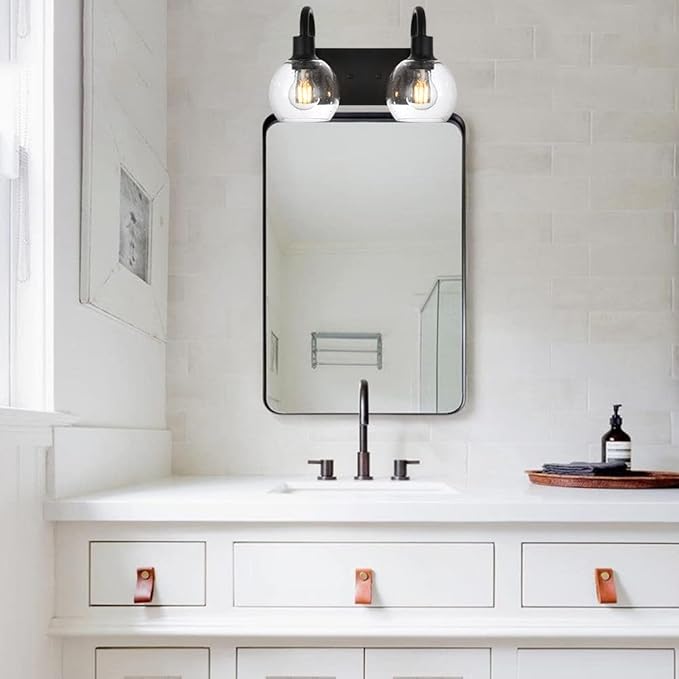 Bathroom Vanity Light with Globe Seeded Glass 2-Lights Industrial Black Wall Sconce Lighting for Foyer Hallway