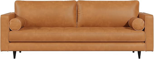Valencia Isabella 88" Wide Sofa with 2 Bolsters | Italian Nappa 11000 Full Grain Leather, Mid-Century Tufted Couch for Living Room, Kiln-Dried Wood Frame, Down Feather Filling, Cognac