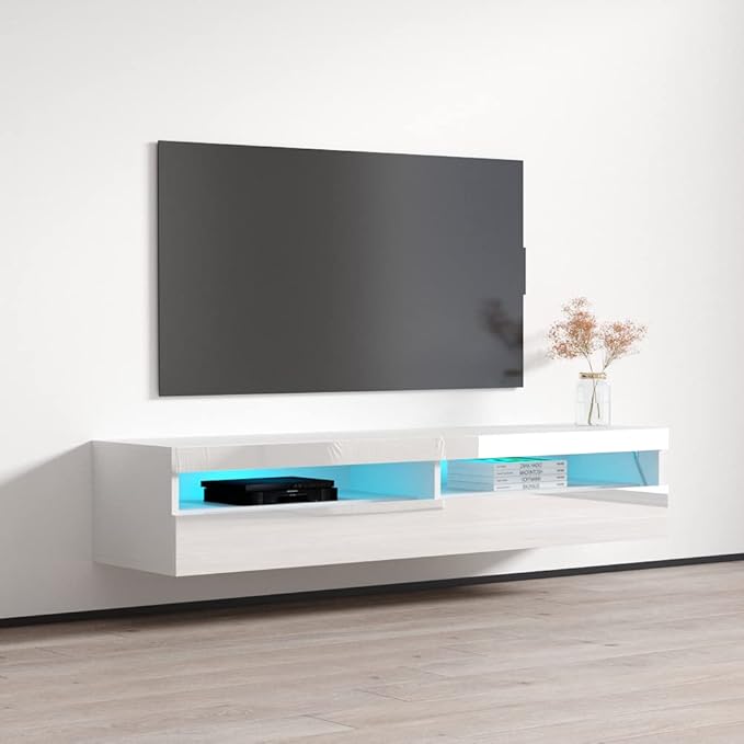 Meble Furniture Fly Type-35 Floating TV Stand - Rectangular Shape Modern High Gloss TV Stand with Storage Cabinets & Led Lights - Media Entertainment Center Console Table for TV Up to 70" - White
