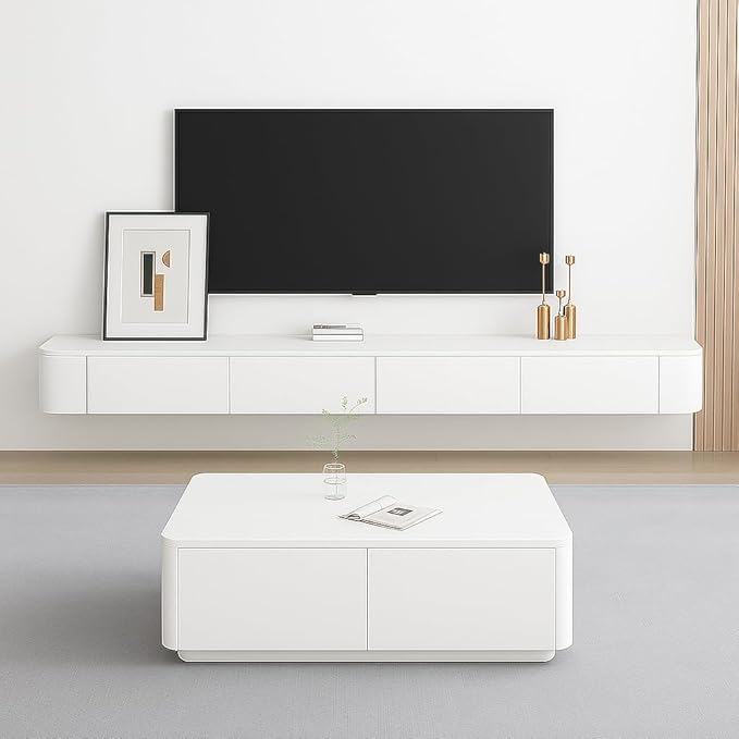 Floating TV Stand,86.6 Inch Wall Mounted TV Shelf,Modern Entertainment Center Media Console with Storage for Bedroom,Living Room (White)