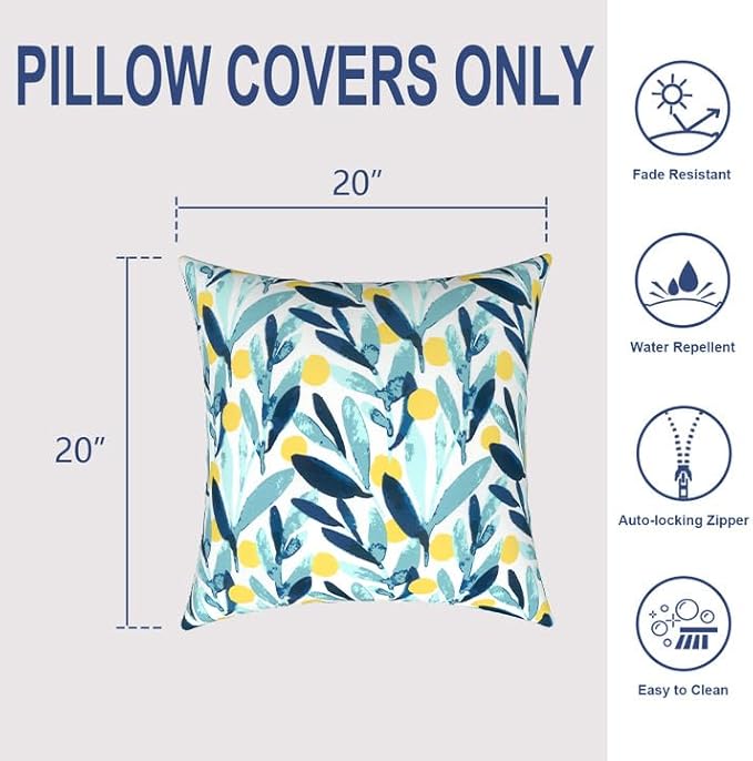Pack of 2 Patio Throw Pillow Covers ONLY, Water Repellent Cushion Cases 20x20 Inch, Square Pillowcases for Outdoor Couch Decoration, Leaves Multi