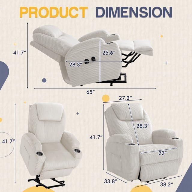 Electric Power Lift Recliner Chair with Massage for Elderly Corduroy Fabric Recliner Single Sofa with Cup Holders, Side Pockets and Remote Control for Living Room Bedroom (White)