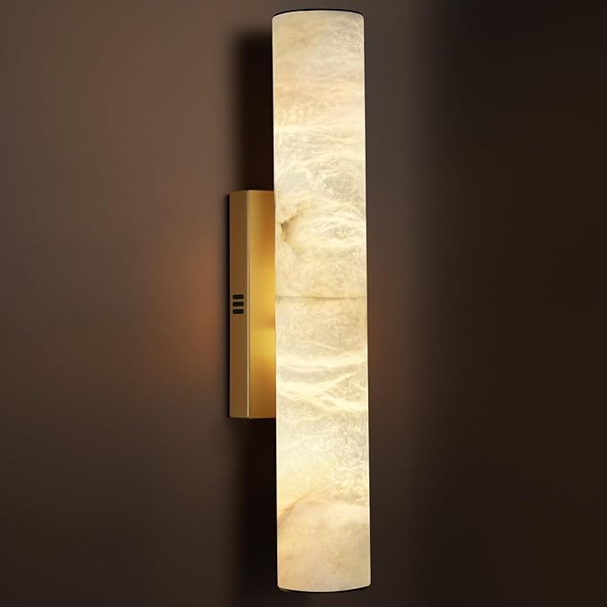 Alabaster Wall Sconces Gold, Spanish Natural Marble Wall Sconce, 20" Brass Wall Sconce for Bathroom, Indoor Stone Wall Sconces Dimmable, Alabaster Wall Light for Living Room, Bedroom, Hallway, Stairs