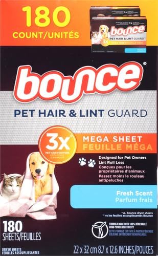 Bounce Pet Hair and Lint Guard Fabric Softener Dryer Sheets | Fresh Scent | 3X Pet Hair Fighters | Mega Sheets | 180 Count, Pack of 3