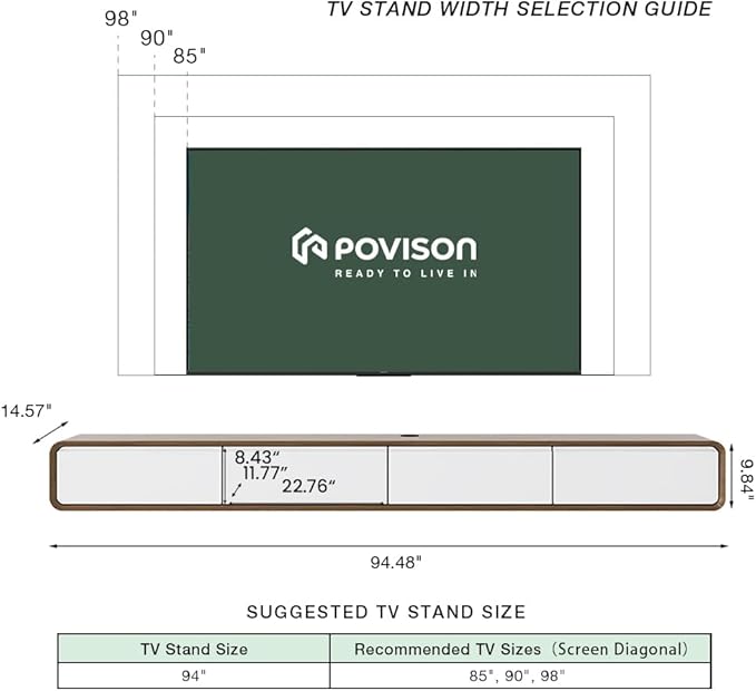 POVISON Fully-Assembled Minimalist Floating TV Stand, Modern Wall-Mounted Entertainment Center with 4 Flip-Down Cabinet Doors, Solid Wood, Walnut Veneer & White, 94"