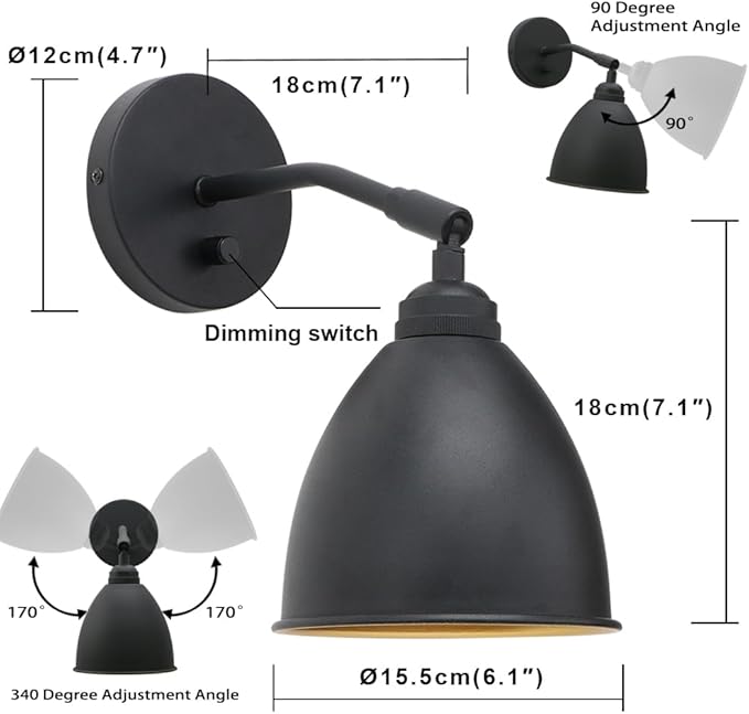 Yosoan Vintage Wall Sconce Bookcase Light, 2-Pack Dimmable On Off Switch Hardwired Industrial Mount Metal Fixture Lighting Lamp with 6.1" Oval Black Metal Shade in-Build Gold Reading Light for Bed