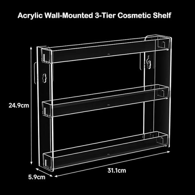 3 Layers Makeup Organizer Wall Mounted, Acrylic Invisible Floating Shelves with Anti-Slip Adhesive Backing, Sunglasses Display Rack, Nail Polish Storage, Clear (2 Pack)