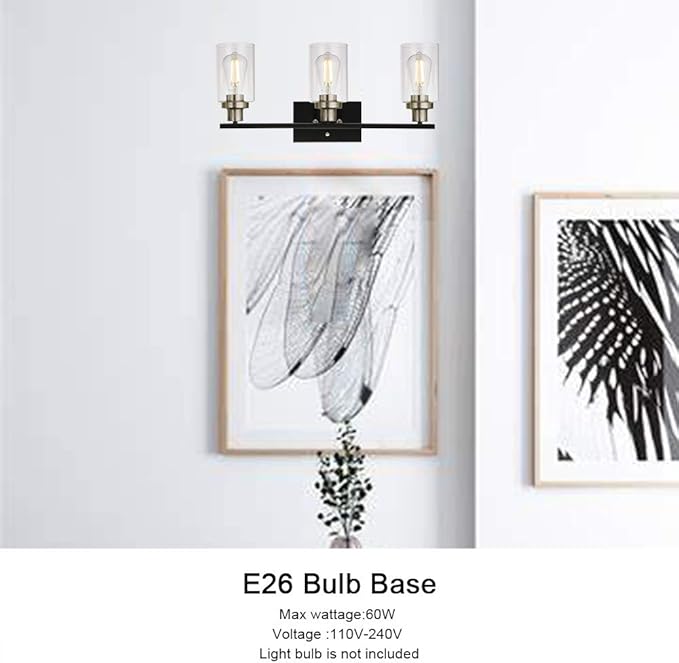 MELUCEE Modern Bathroom Lighting with Clear Glass Shade, 3-Light Black Vanity Light Wall Mount Lamp for Bedroom Vanity Table Bathroom Dressing Table, Brushed Nickel Socket (Patent No.: US D963914 S)