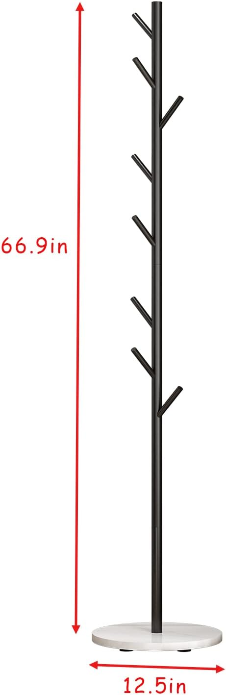 Black Metal Coat Rack, Freestanding with Hooks, Entryway Coat Rack Stand, Coat Racks with Marble Base, Coat Tree for Hanging Clothes, Hats, Bags