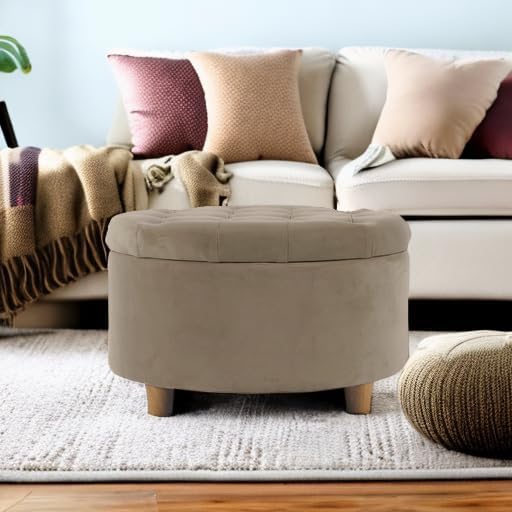 HomePop Home Decor | Button Tufted Velvet Round Storage Ottoman | Ottoman with Storage for Living Room & Bedroom, Fawn Velvet