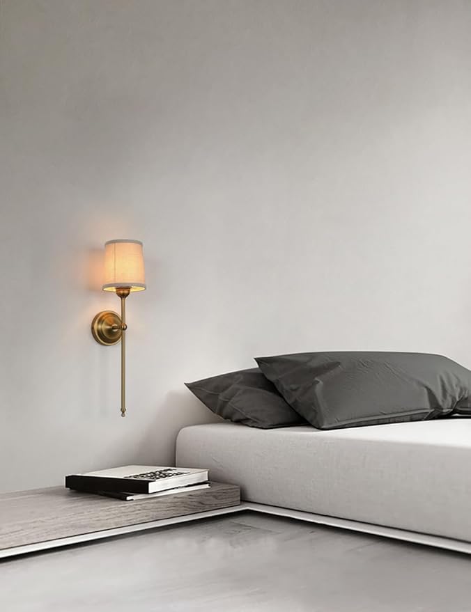 Antique Finish Sconce Wall Lighting Fixture with Linen Fabric Shade, E26 Hardwired Indoor 1-Light Wall Mounted Lamp for Living Room Bedside Nightstand Light Vanity Bathroom