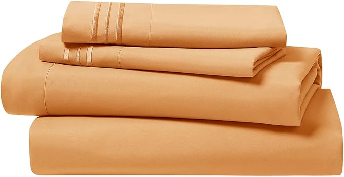 Clara Clark Bed Sheet Set, Split King, Premier 1800 Collection, 5 Piece, Microfiber, Deep Pocket, Apricot Orange