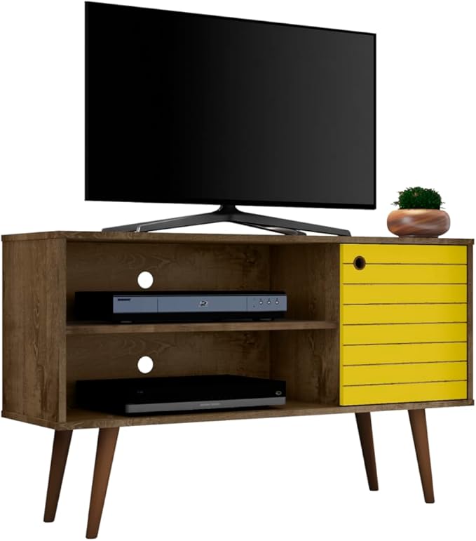 Manhattan Comfort Liberty Mid Century Modern TV Stand for Televisions up to 46 Inches, Bedroom and Living Room Entertainment Center with Storage, Shelves, and Cabinet, 43" Wide, Rustic Brown/Yellow