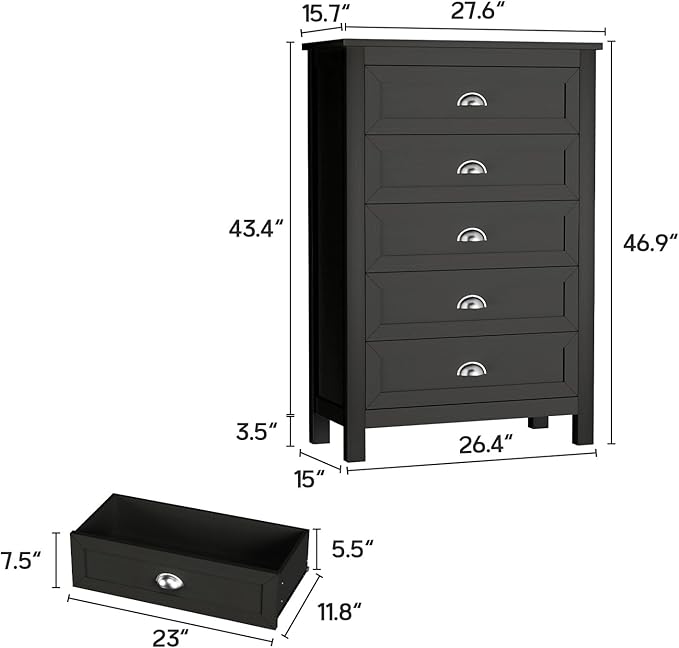 Farmhouse 5 Drawer Dresser for Bedroom, 47" Tall Dresser, Modern Black Chest of Drawers Organizer for Bedroom, Closet, Living Room, Entryway, Hallway