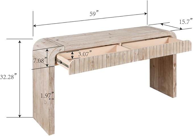59" Wood Console Table for Entryway, Long Sofa Table Behind Couch Narrow Entryway Table with 2 Drawers Fluted Design for Living Room, Hallway, Foyer, Easy Assembly, Natural Wood
