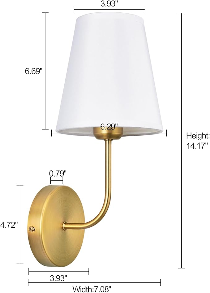 Antique Brass Hardwired Wall Sconce Set of 2 - Matte Gold Finish with White Fabric Shades，Bedroom Lighting, Living Room, Farmhouse, Fireplace, Hallway, Bedside Lamp,bathroom Hardwired Wall Lights