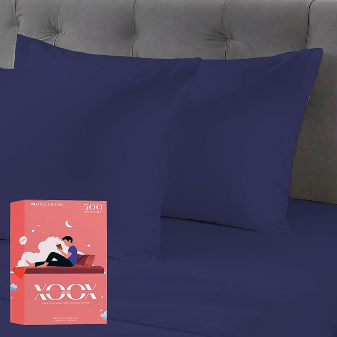 XOOX Linen 100% Cotton Pillowcases Standard/Queen Size Set of 2-500 Thread Count Cotton Pillowcases, Soft Cooling Pillow Cases for Sleeping, Pillow Covers for Standard/Queen Pillows - Navy Blue