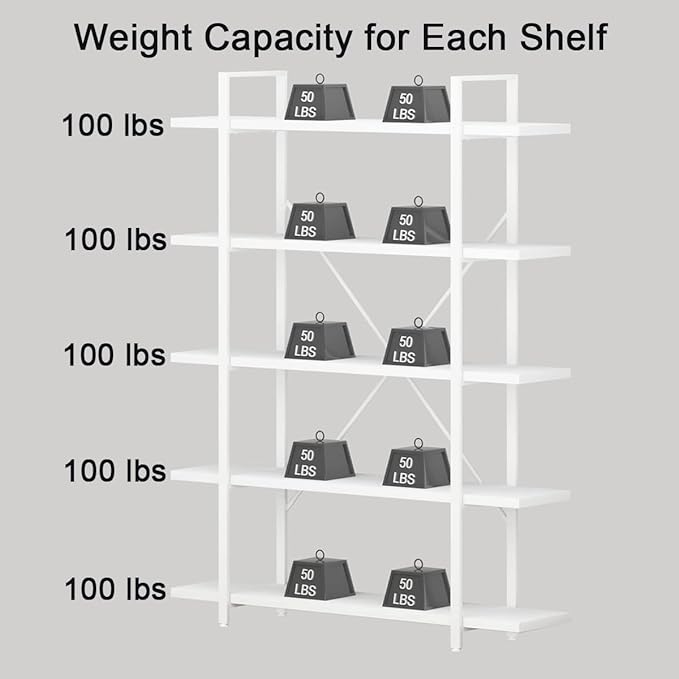 HSH 5 Tier Tall White Bookshelf, Metal and Wood Storage Book Shelves for Bedroom Living Room Office, Modern Large White Bookcases and Bookshelves 5 Shelf, Farmhouse Open Vertical Display Book Shelf