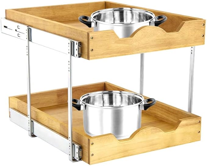 DINDON 2 Tier Pull Out Cabinet Organizer (14" W x 18" D) Slide Out Wood Drawer, Two Tier Sliding Shelf Organization and Storage…