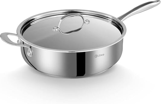 DELUXE 12 Inch Stainless Steel Skillet Frying Pan, Large Pan with Lid and Stay-Cool Handle, 5qt Deep Sauté Pans for Deep-Fry Braise Stew, Multipurpose Cooking Pot for Induction Gas Stove
