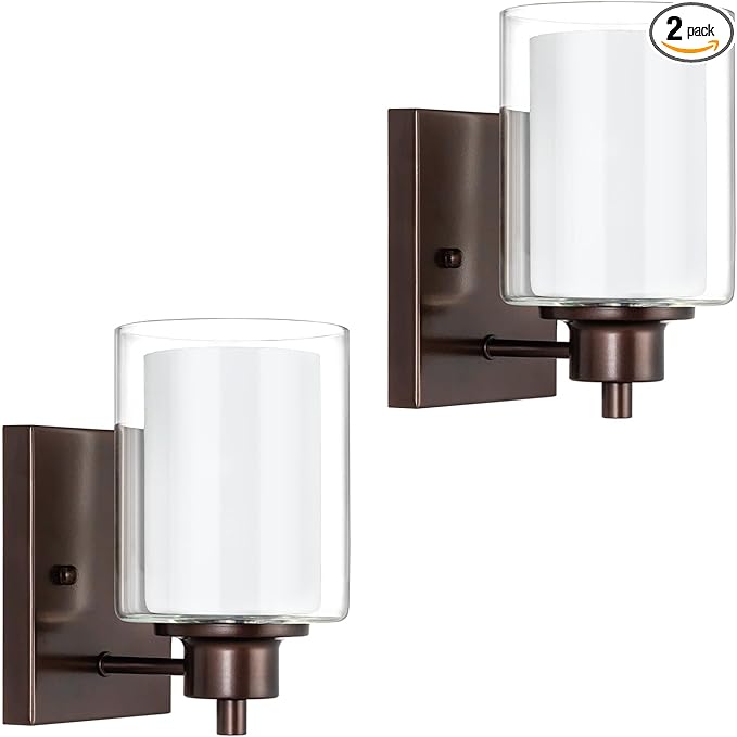 2 Pack Bath Vanity Light Fixtures, Modern Indoor Wall Scone Lighting with Dual Glass Shade, Oil Rubbed Bronze Wall Lamp for Bedroom Mirror Kitchen Living Room Entryway