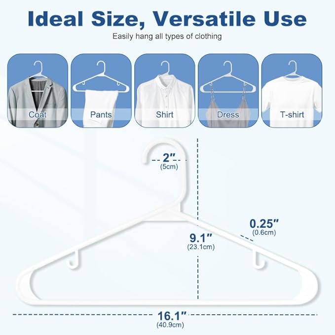 HOUSE DAY White Plastic Hangers 50 Pack, Plastic Clothes Hangers with Built-in Hooks, Durable and Strong Plastic Coat Hangers for Closet, Space Saving Clothing Hanger for Shirts, Coats, Skirt, Dress