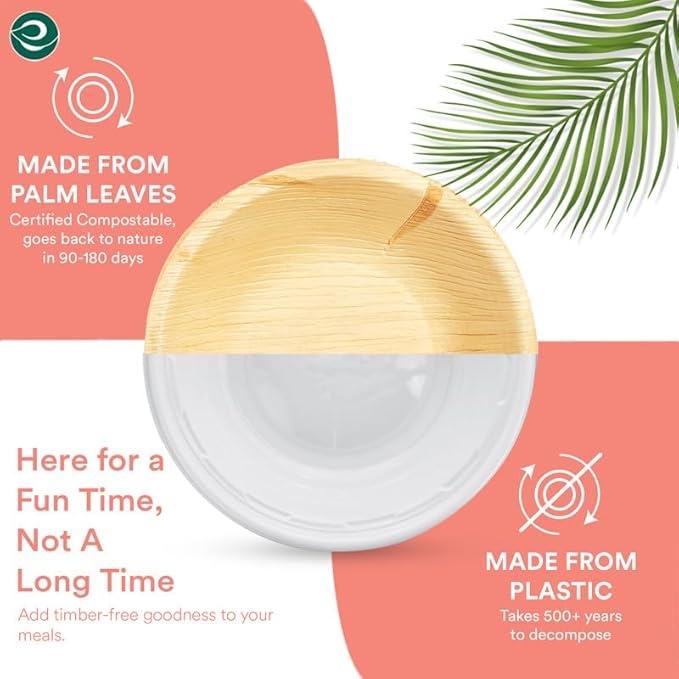 ECO SOUL Palm Leaf Bowl 200 pc, Small 5" (8 Oz) | Round Like Bamboo Bowls, Compostable, Biodegradable, Disposable Palm Leaf Bowls Eco-friendly | Sturdy, Microwave & Oven Safe