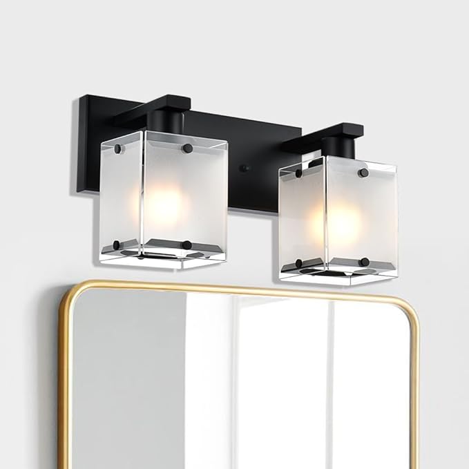Black Wall Sconce Lighting, 2-Light Bathroom Vanity Light Fixture Wall Mount Lamp Over Mirror for Bedroom Bedside Studty Living Room, Rectangular Frosted Glass Shade